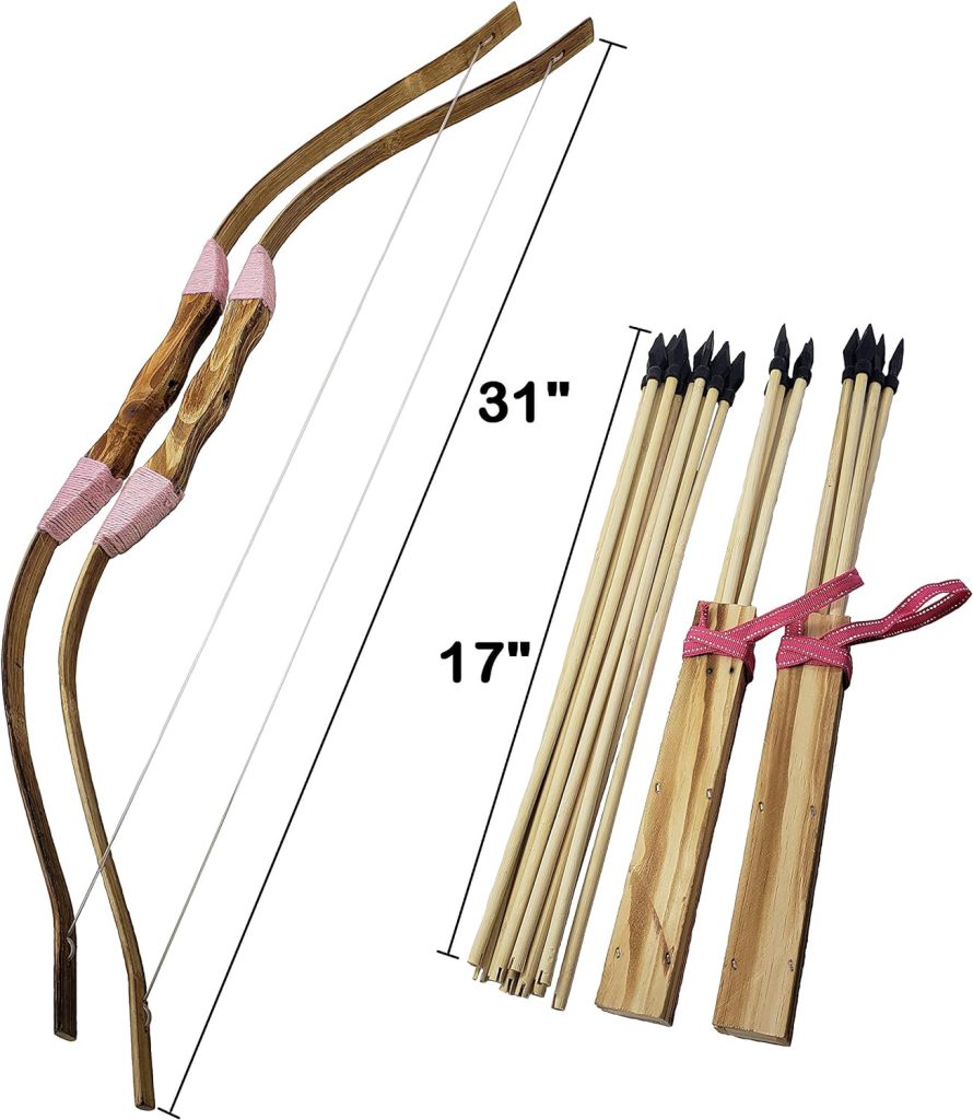 Adventure Awaits! - 2-Pack Handmade Girls Wooden Bow and Arrow Set - 20 Wood Arrows and 2 Quivers - for Outdoor Play