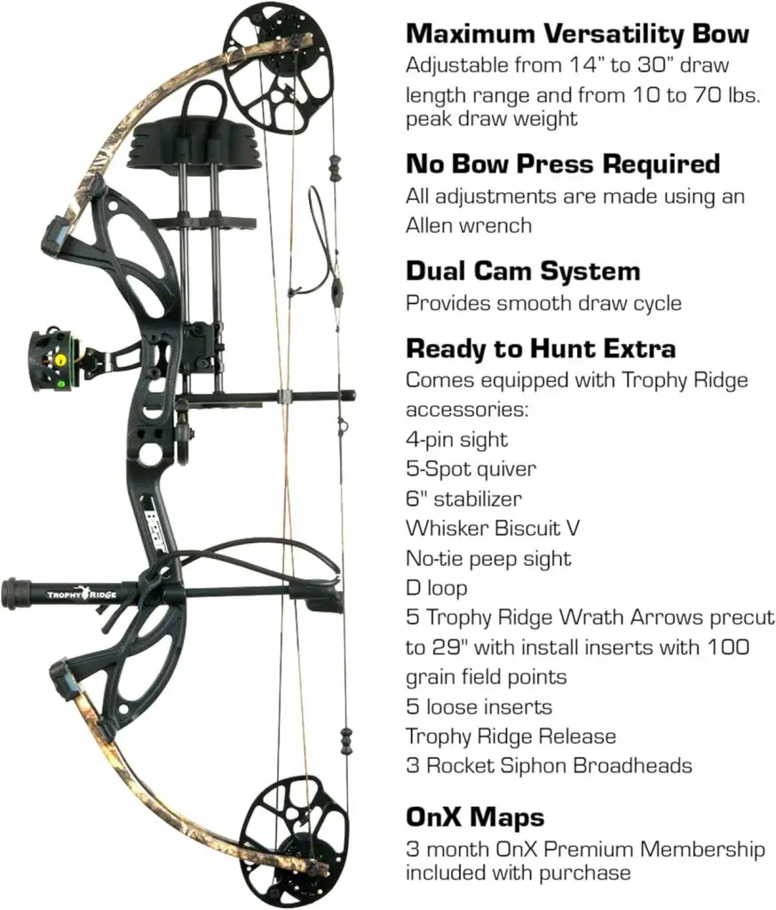 Bear Archery Legit Ready to Hunt Extra Compound Bow Package for Adults  Youth, 14”- 30” Draw Length, 10-70 Lbs Draw Weight, Up to 315 FPS, Made in USA, Limited Life-Time Warranty