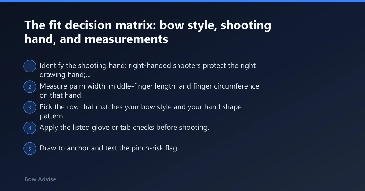 Steps: The fit decision matrix: bow style, shooting hand, and measurements