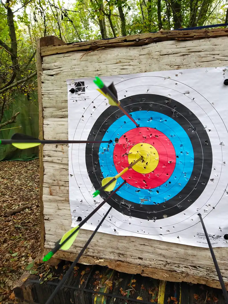Close-up of an arrow nocked on a bowstring with fletching and arrow rest visible
