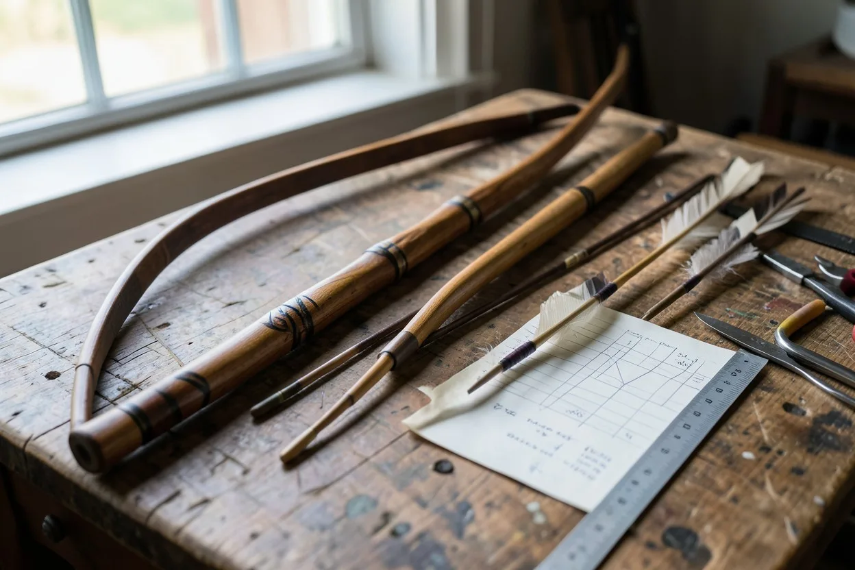 Traditional Native-style bow beside wooden arrow shafts and fletched arrows on a workbench