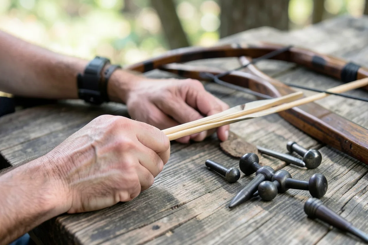 Hand flex-testing a wooden arrow shaft beside a traditional Native-style bow