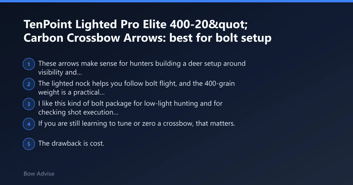 Steps: TenPoint Lighted Pro Elite 400-20" Carbon Crossbow Arrows: best for bolt setup