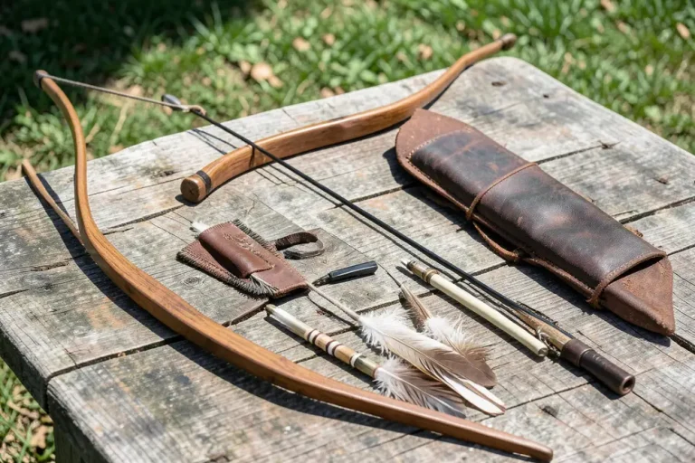 Traditional bow accessories laid out with a wooden bow, arrows, finger tab, arm guard, and quiver