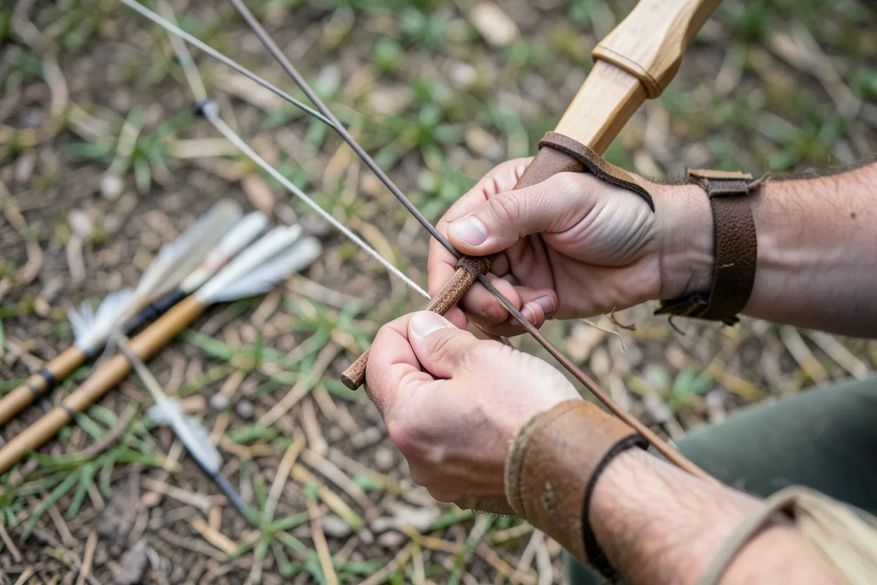 Hands stringing a traditional bow with a leather stringer beside feather fletched arrows
