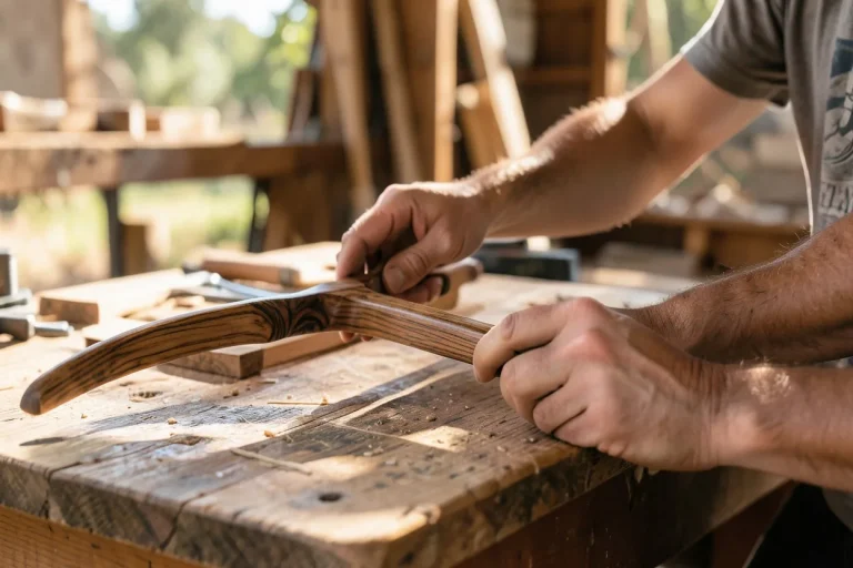 Native American style bow blank and wood staves on a sunlit workbench