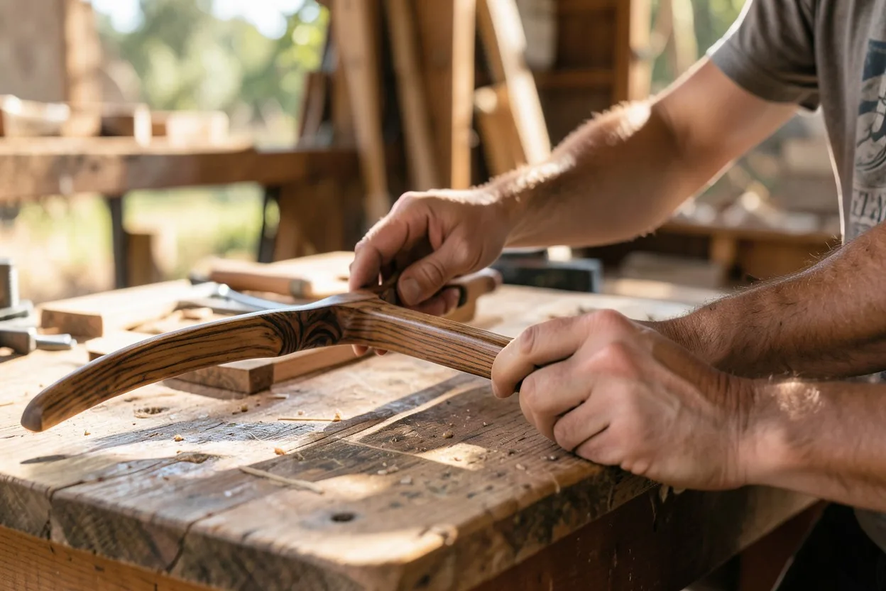 Native American style bow blank and wood staves on a sunlit workbench