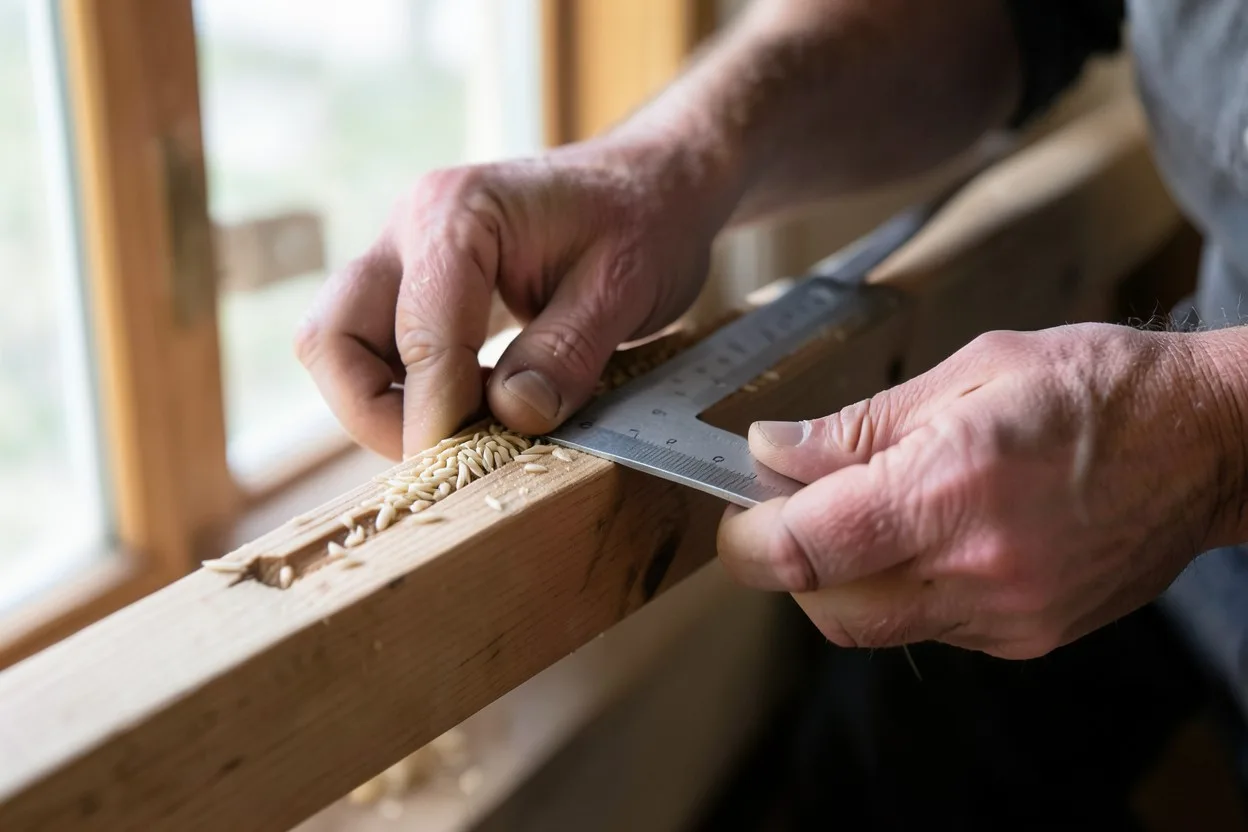 Close-up of a Native American style bow stave being checked for grain and thickness