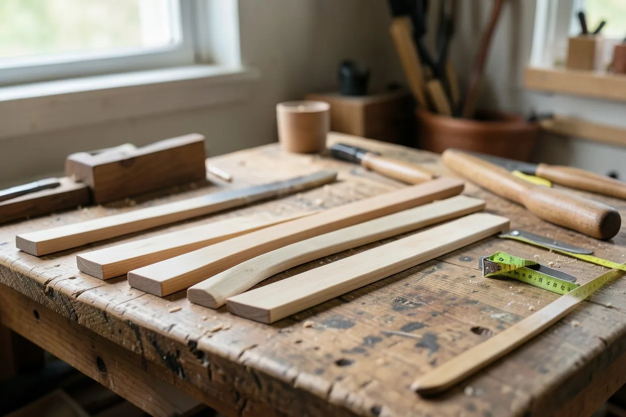Native-style self bow staves, hand tools, and straight-grained wood laid out on a workshop bench