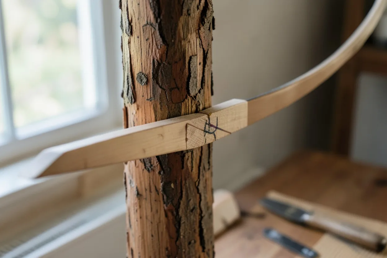 A partially shaped self bow limb clamped for tillering with pencil marks and a scraper nearby
