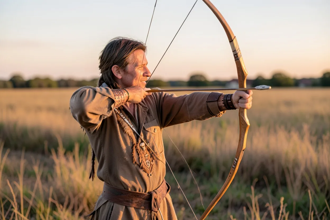 Archer drawing a Native American style bow outdoors at dawn with a wooden arrow