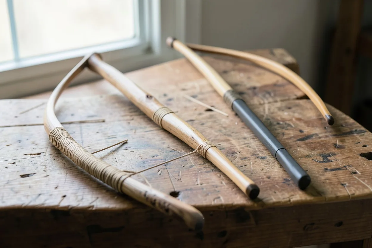 Handmade Native American bows beside a mass-produced replica on a rustic workbench.