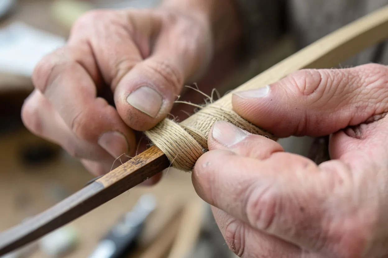 Close-up of handmade Native American bow details next to a smoother replica edge.