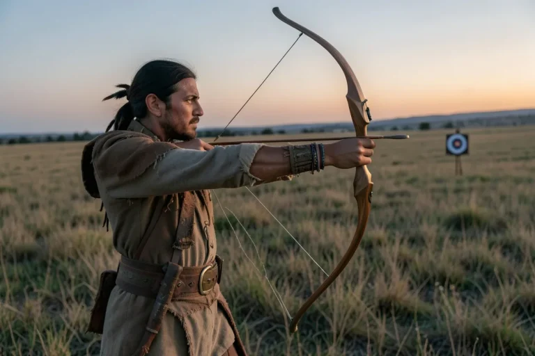 Native American archer aiming a short traditional bow in open prairie at dusk