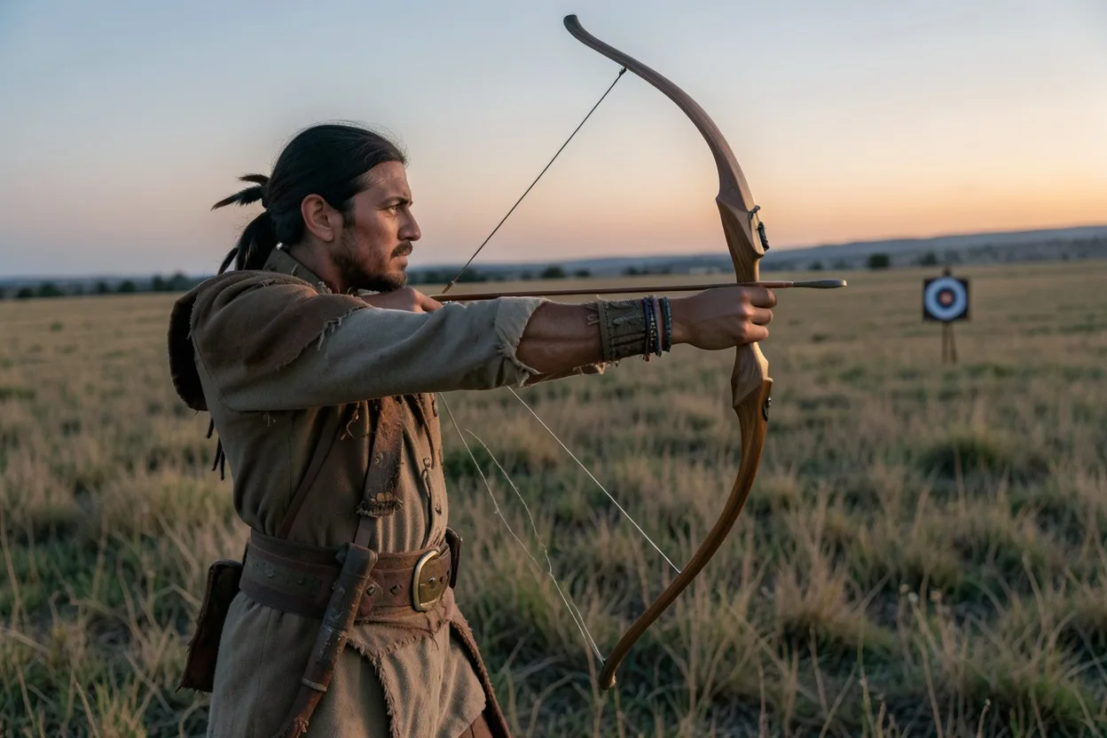 Native American archer aiming a short traditional bow in open prairie at dusk
