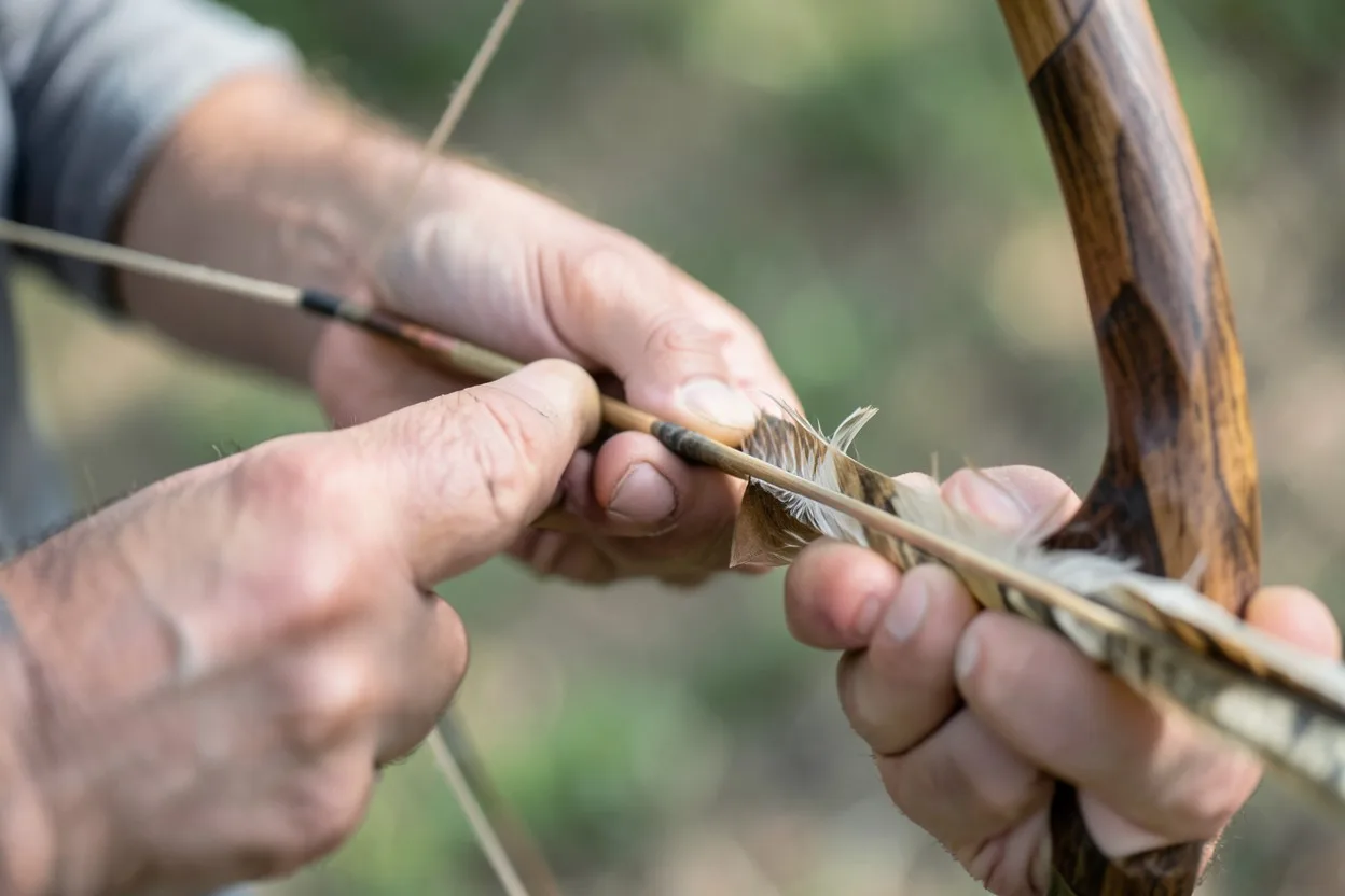Close-up of a hand nocking a feathered arrow on a Native American bow