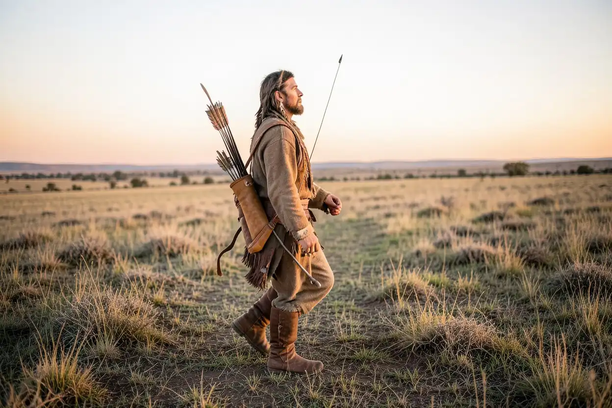Native American archer carrying a shoulder quiver while walking across a prairie at dawn