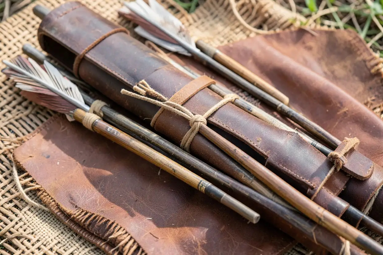 Close-up of a traditional arrow quiver and belt carrying setup with arrows and tie points