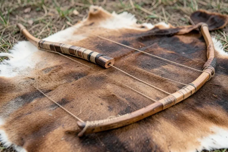 Native American bow on a woven blanket, with wood, sinew, glue, and string visible in natural light