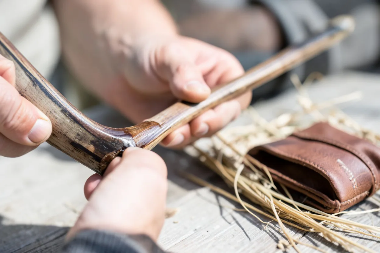 Close-up of a Native American bow limb showing sinew backing and glue seams under natural light