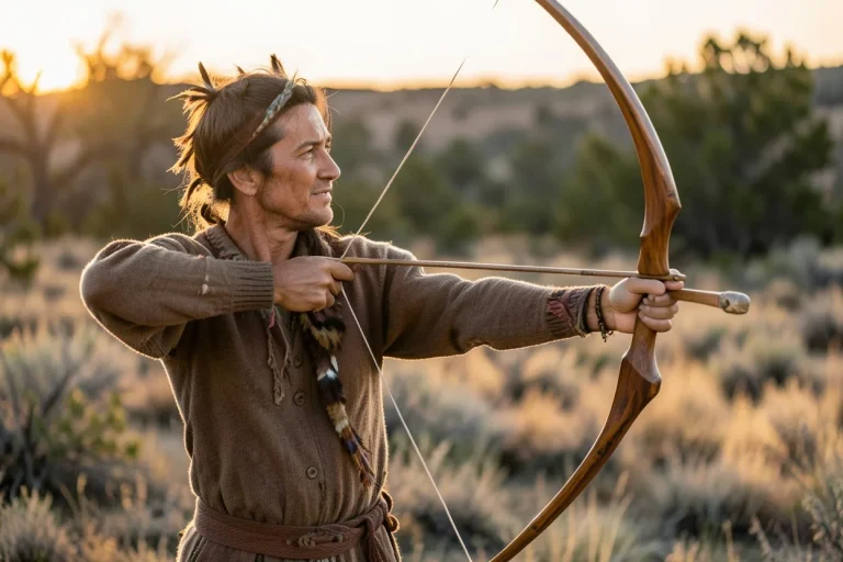 Handcrafted Native American bow drawn outdoors, showing curved limbs under tension