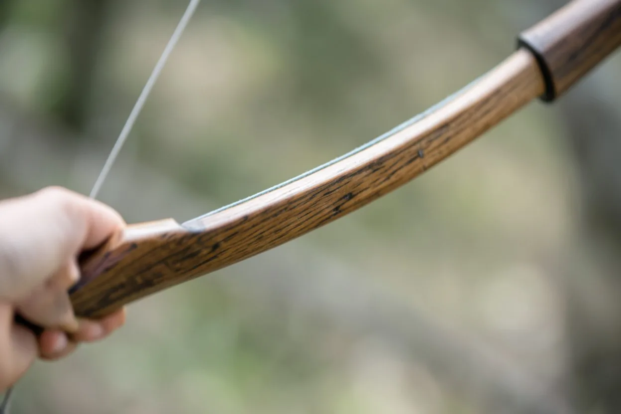 Close-up of a Native American bow limb and string showing reflex and recurve shape