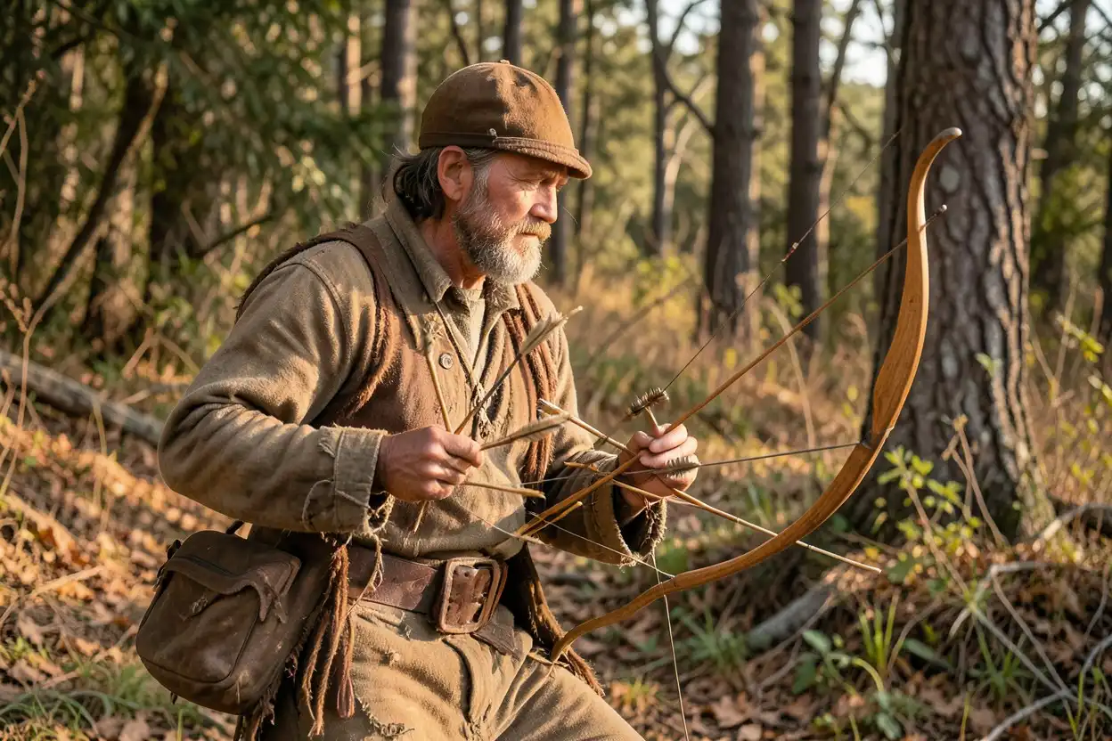 Native American hunter examining arrows of different lengths and broadheads beside a bow