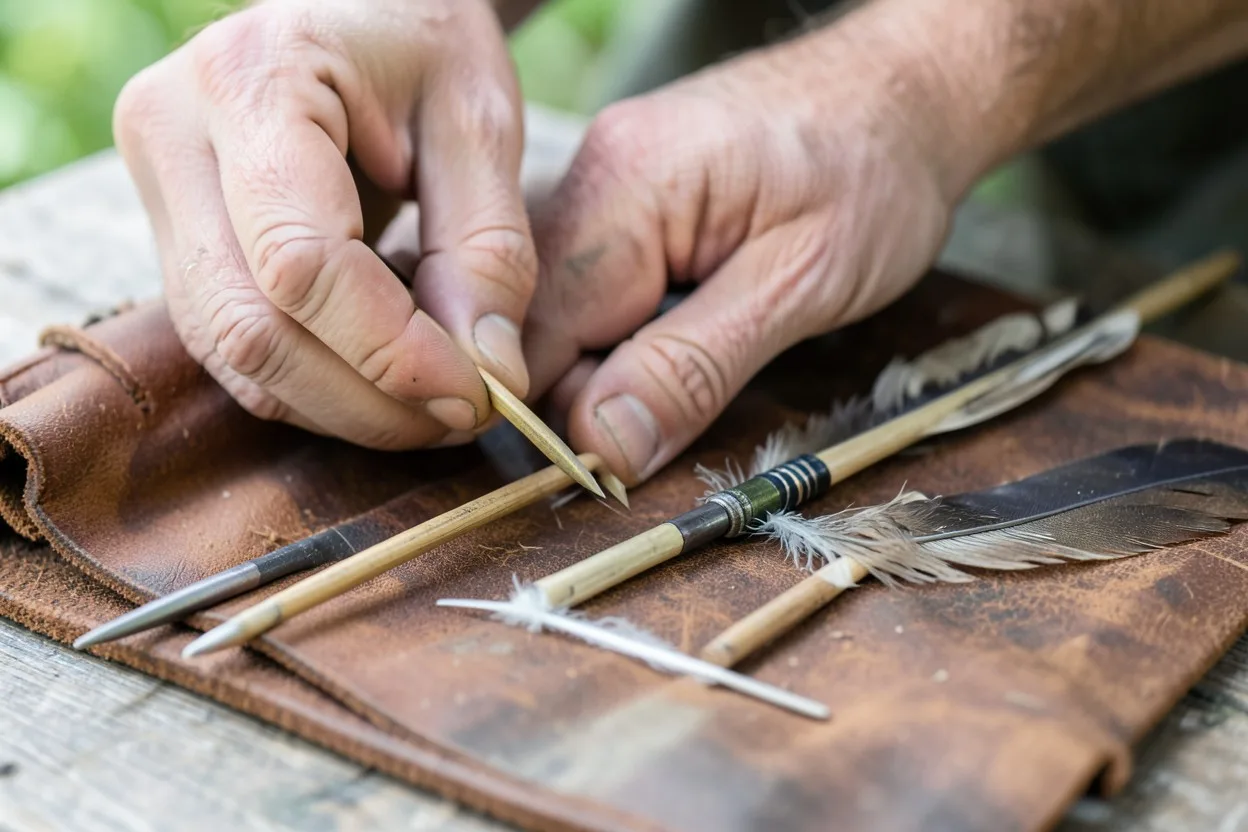 Close-up of Native American arrows with different points and shaft sizes laid side by side