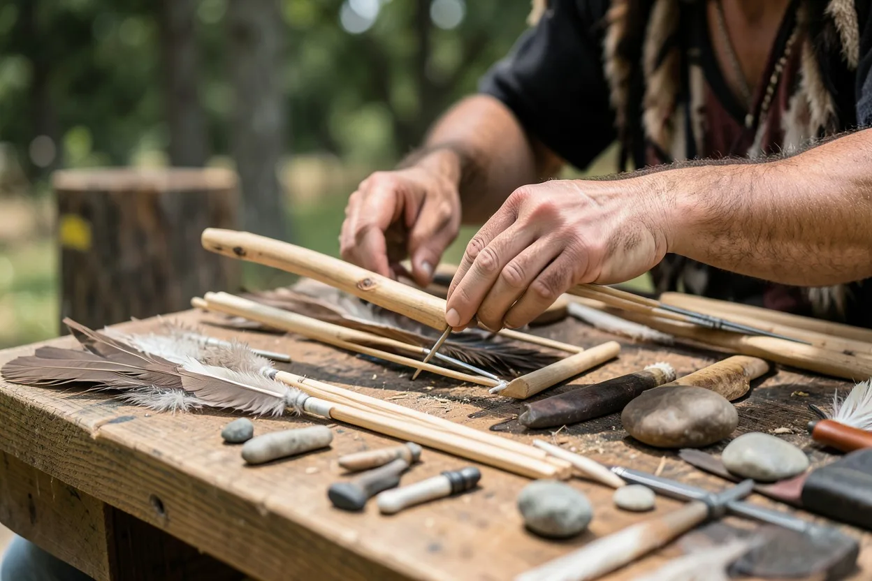 Native American bowyer examining arrow shafts, feathers, and points at an outdoor workbench
