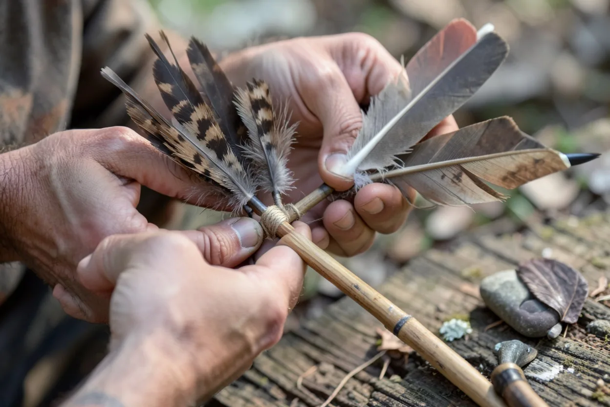Hands attach feather fletching to a wooden arrow shaft beside a carved nock and stone point