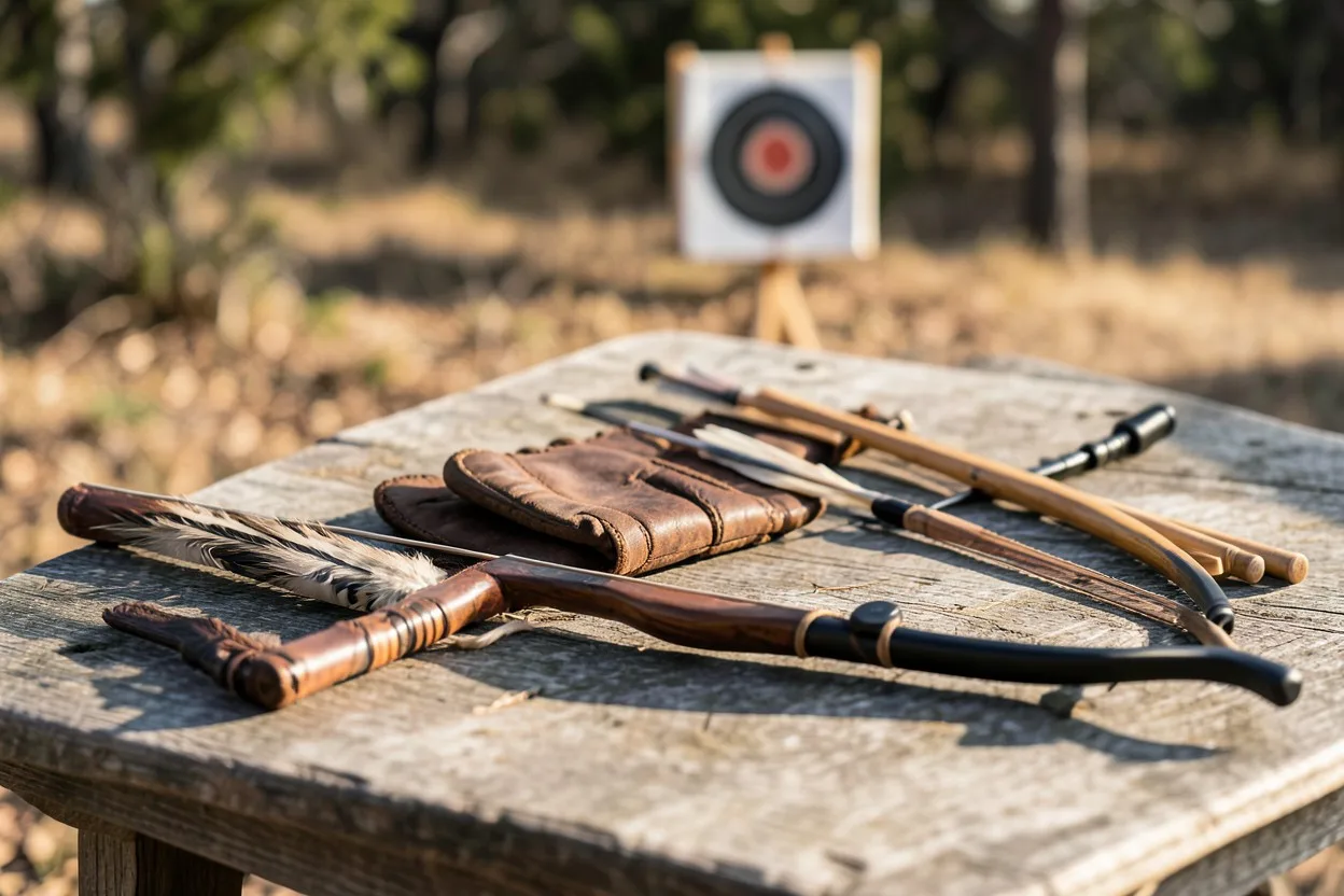Native American bow and modern recurve bow side by side on a wooden table