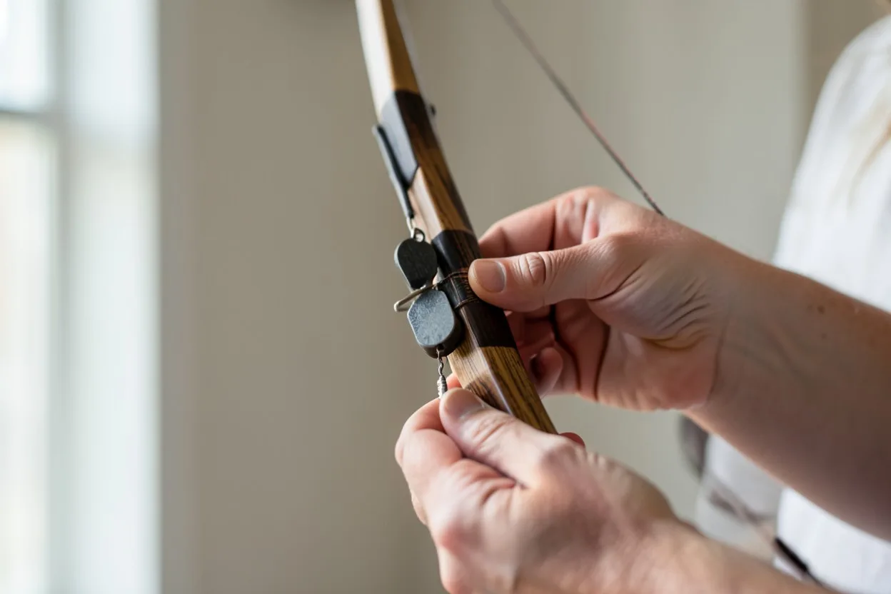 Hands measuring a traditional bow's draw weight with a hanging scale