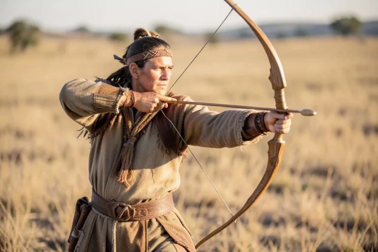 Native American archer drawing a short sinew-backed bow on open prairie
