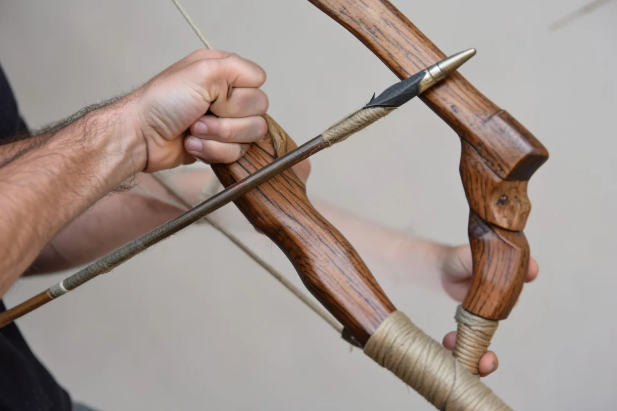Close-up of a sinew-backed Native American bow and stone-tipped arrow in hand
