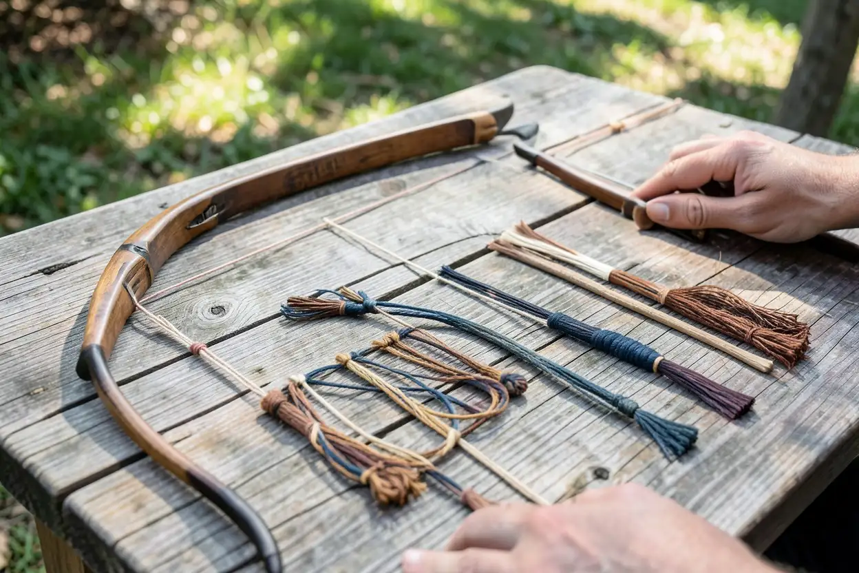 Native American style bow with bowstring material samples on a wooden table