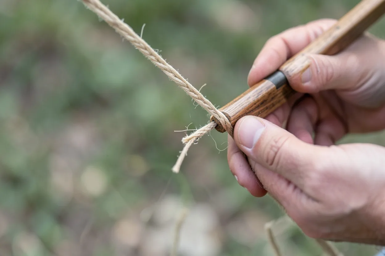 Close-up of braided sinew bowstring strands being twisted beside a wooden bow