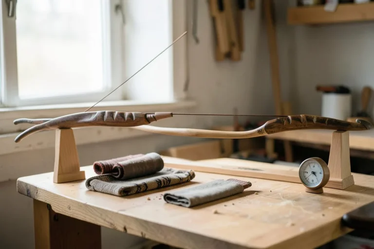 Native American style bow resting on a wooden rack beside a string keeper and humidity gauge