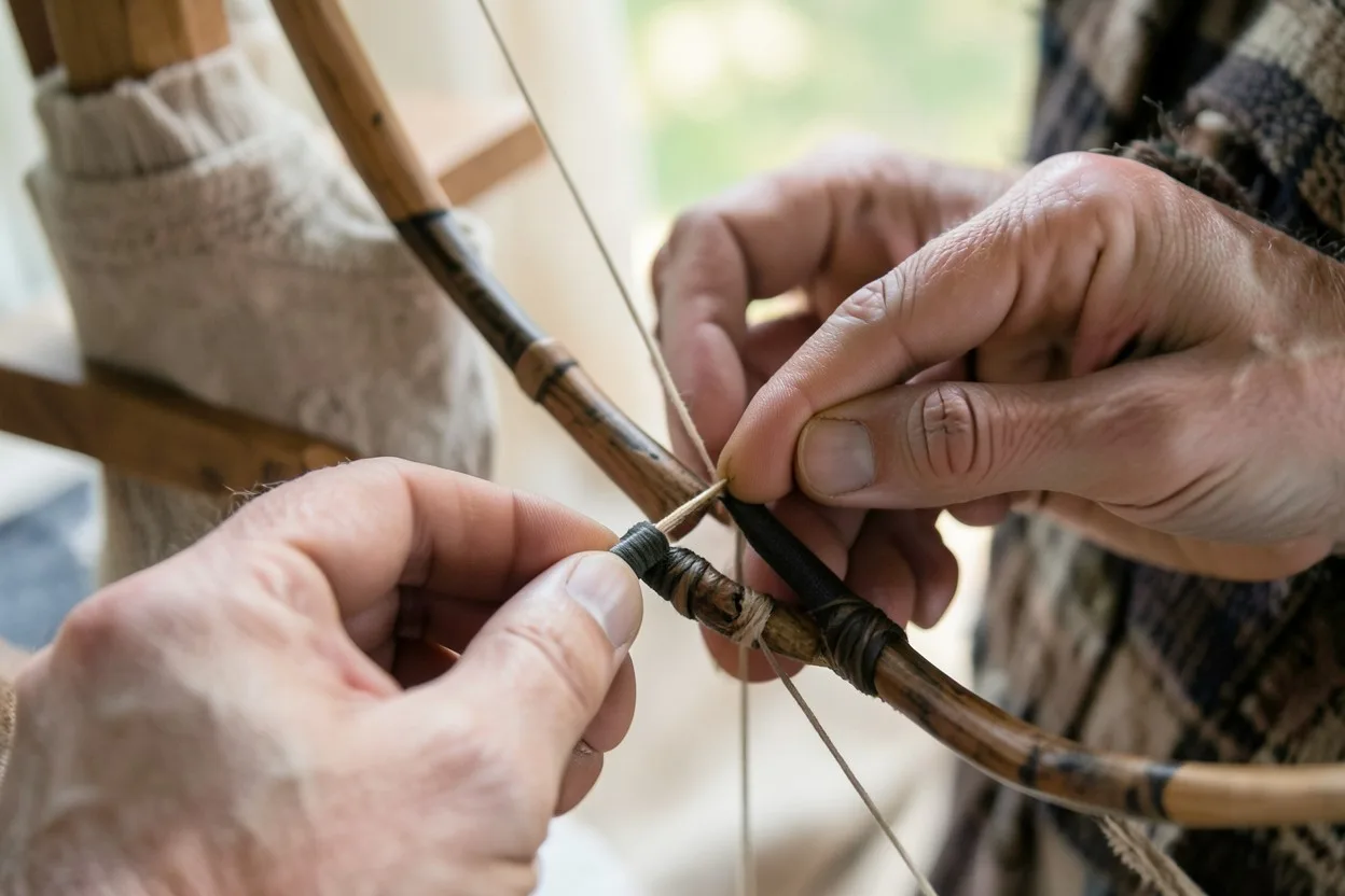 Hands unstring a Native American style bow while checking the limbs for twist and creep