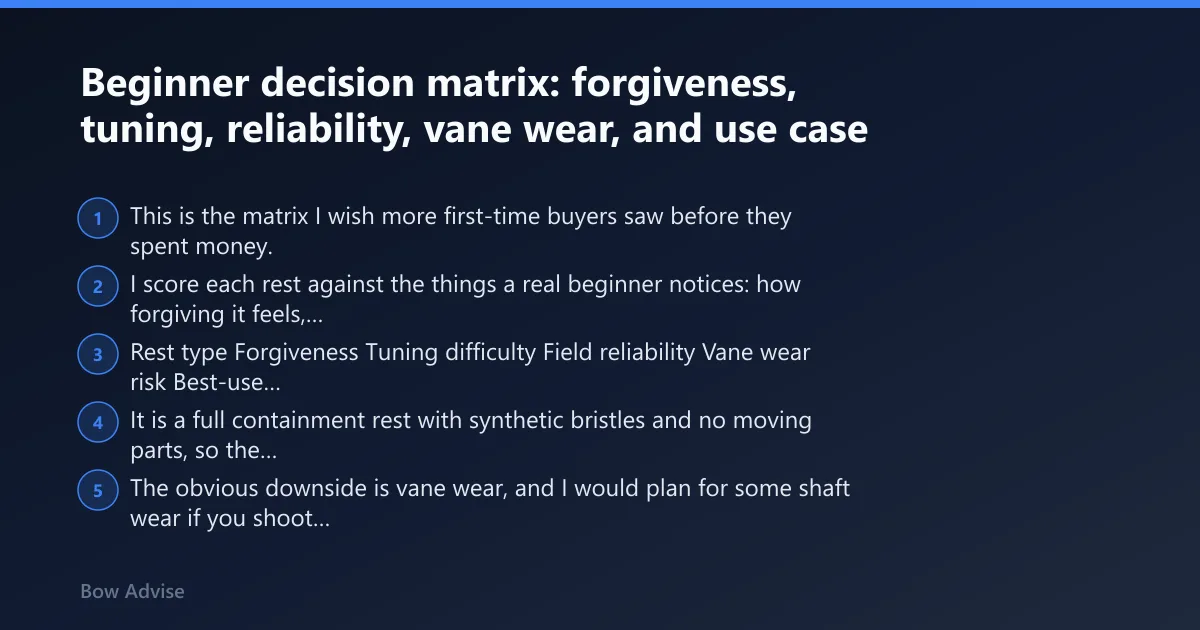 Steps: Beginner decision matrix: forgiveness, tuning, reliability, vane wear, and use case