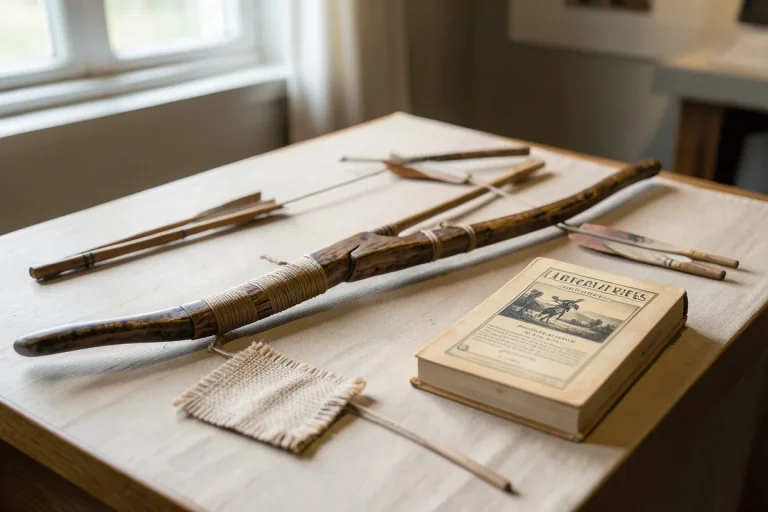 Native American style bow on a tabletop with arrows, woven cloth, and a reference book in natural light