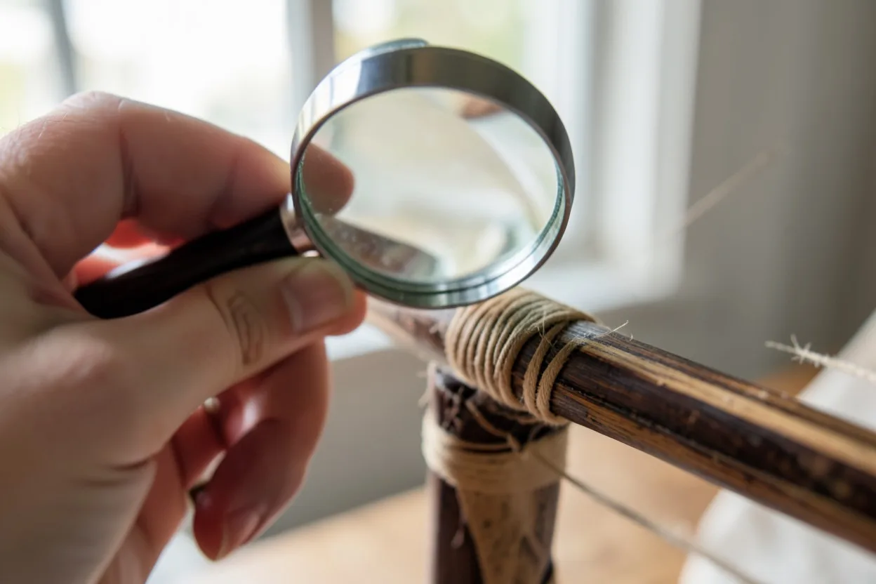 Magnifying glass inspecting the grip, bindings, and wear on a Native American style bow