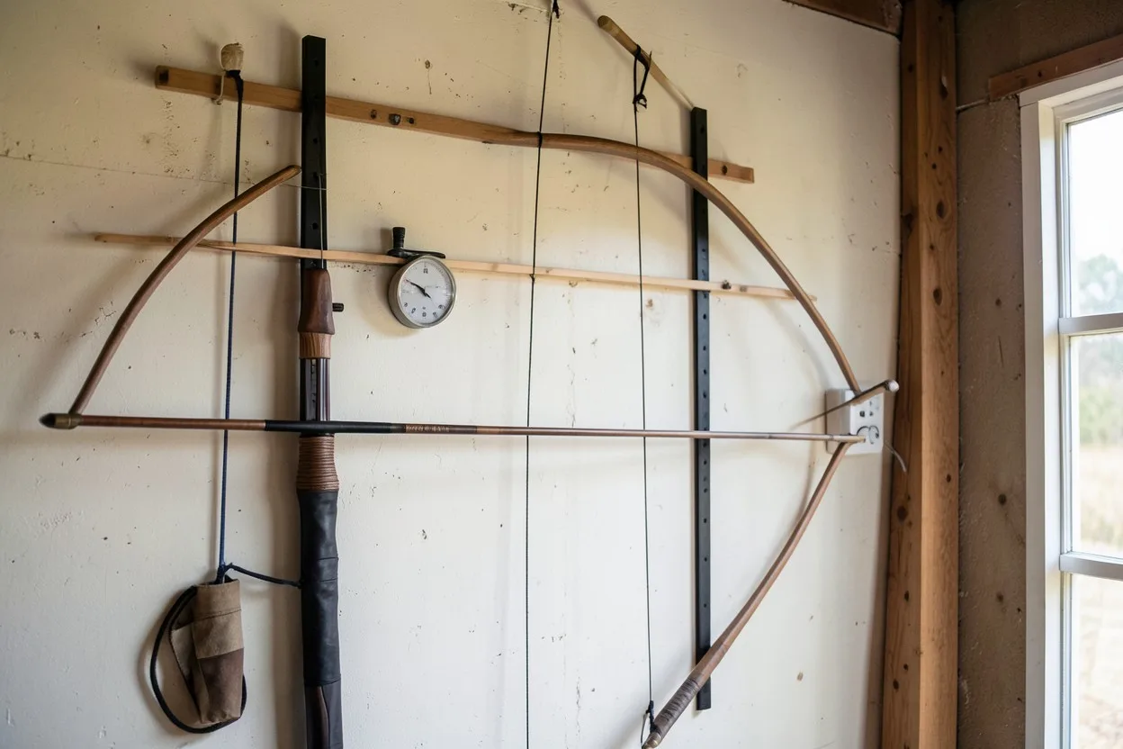 Traditional bows stored on a wall rack in a dry indoor room beside a hygrometer.