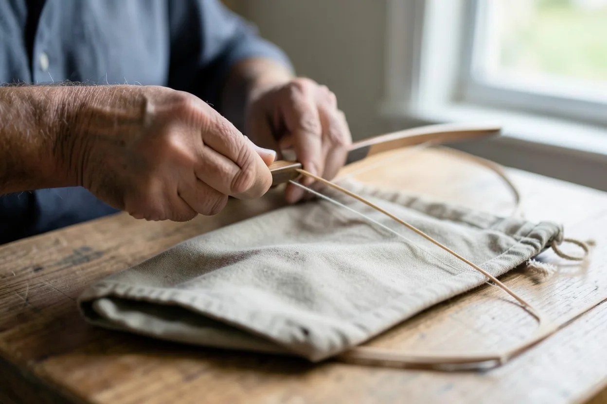 Hands unstringing a traditional wooden bow and placing the string in a cloth bag.