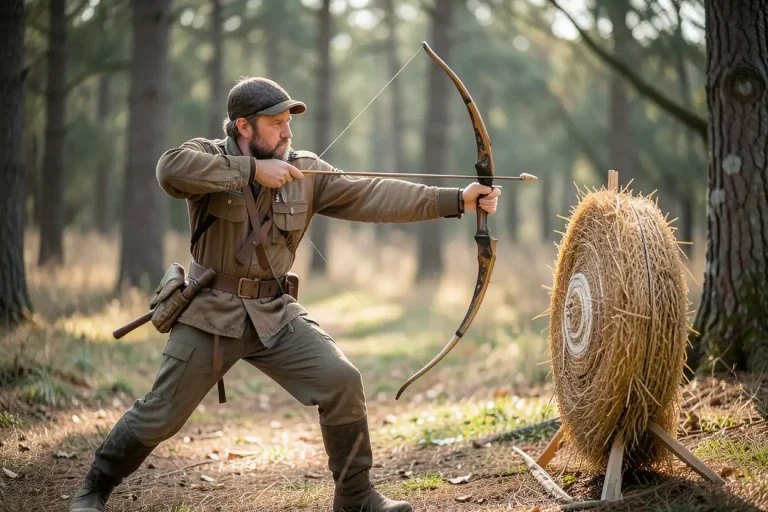 Traditional bow hunter drawing a longbow in a wooded clearing beside a straw target