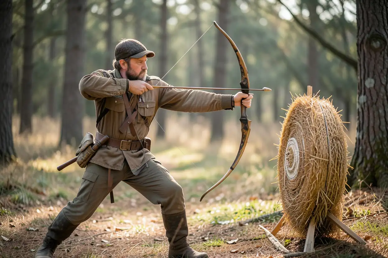 Traditional bow hunter drawing a longbow in a wooded clearing beside a straw target