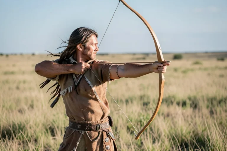 Native American archer drawing a traditional wooden bow on a grassy prairie in natural light
