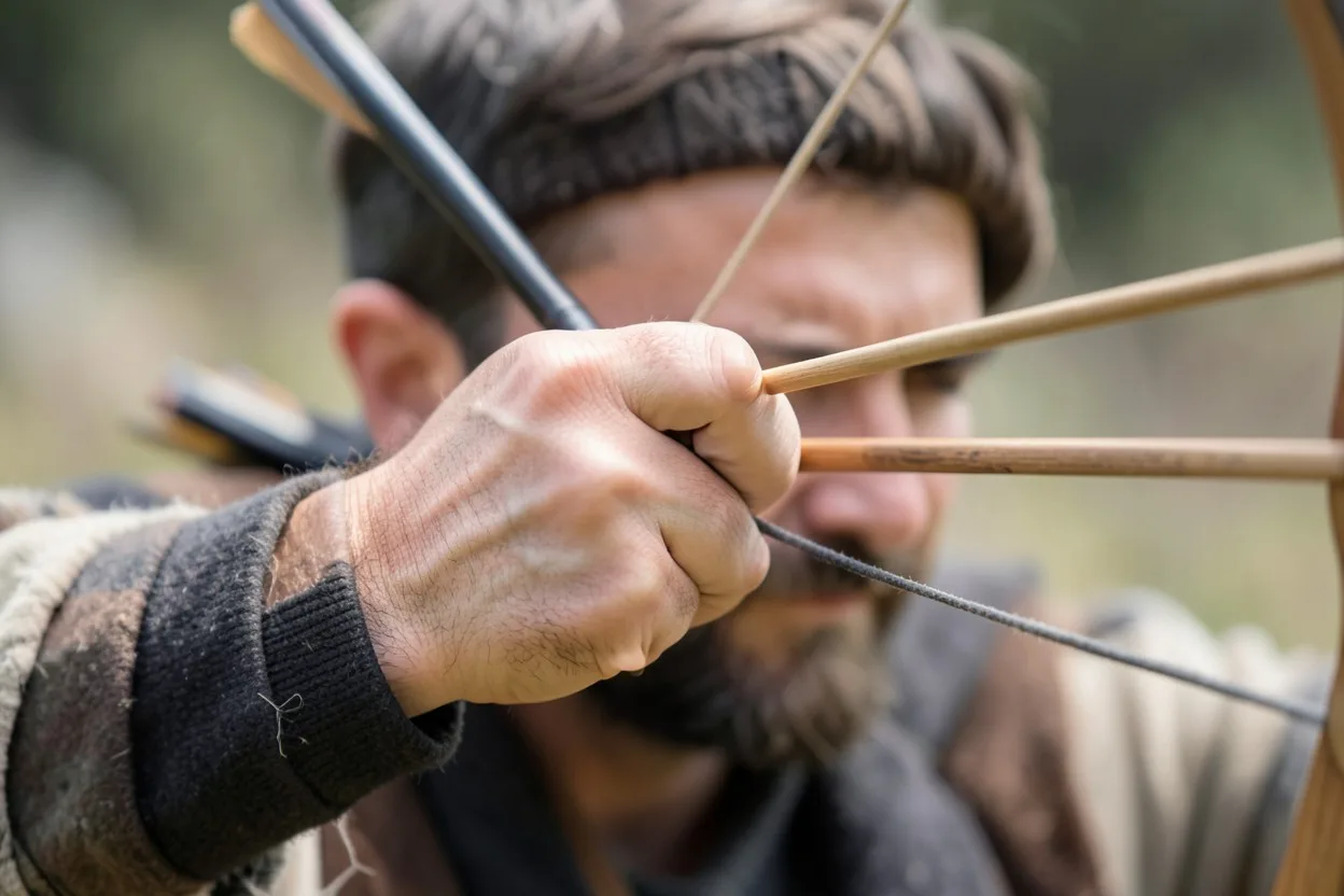 Close-up of a traditional bow hand and arrow at a fixed anchor point on the archer’s face