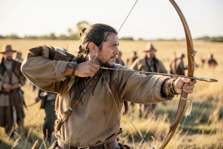 Native American archer drawing a traditional bow during an outdoor demonstration