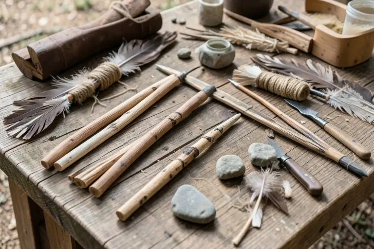 Native American arrow materials laid out on a worktable with shafts, points, feathers, and glue