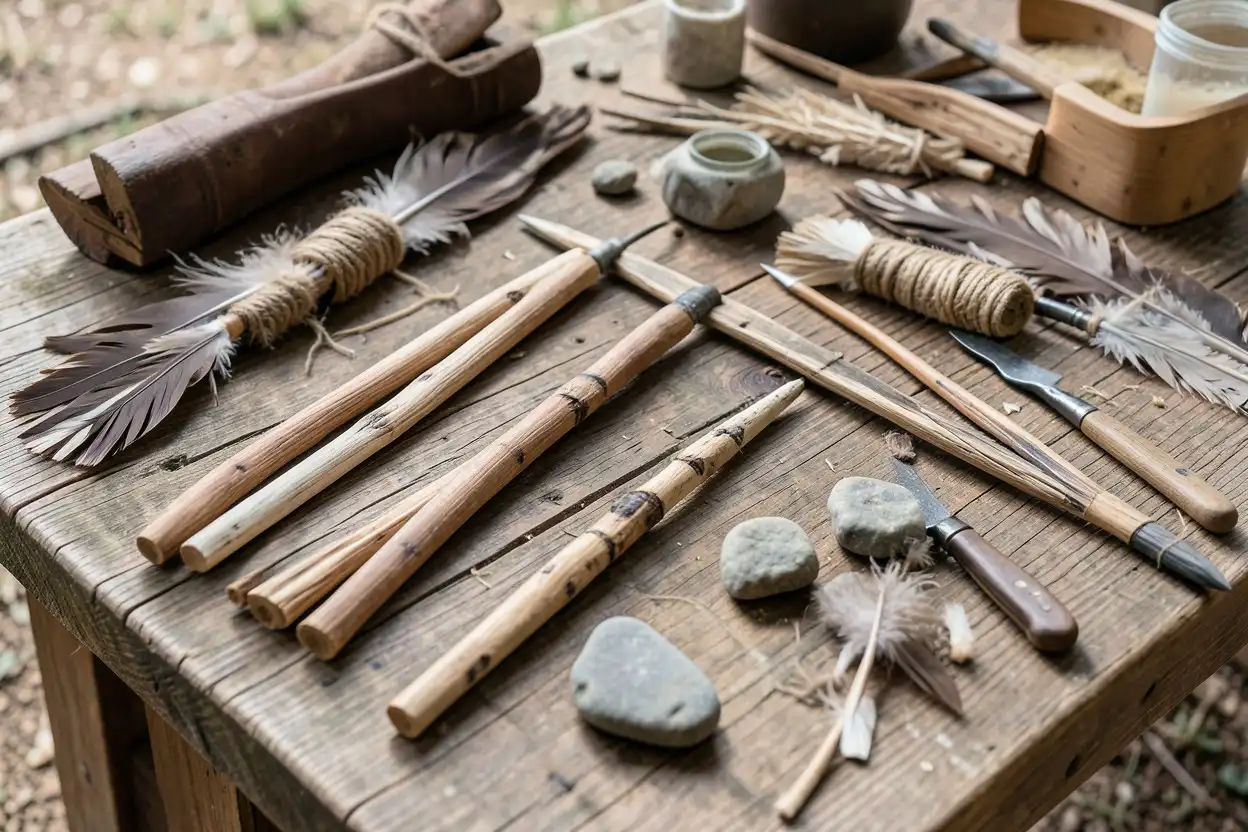Native American arrow materials laid out on a worktable with shafts, points, feathers, and glue